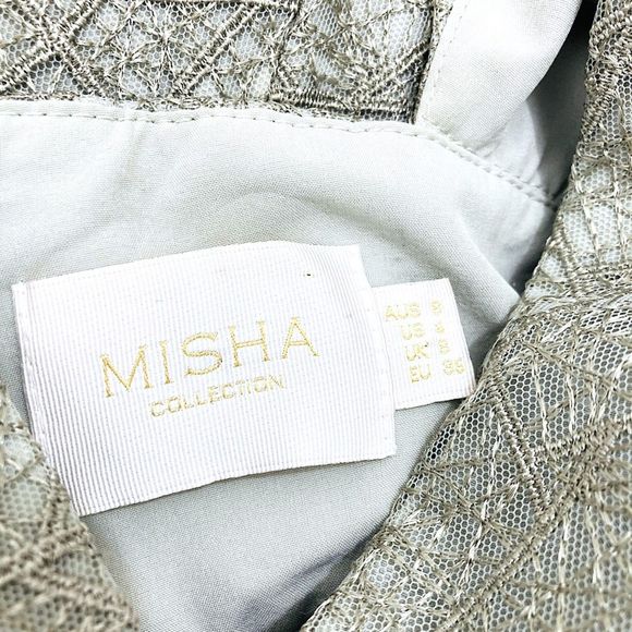 Misha Collection Metallic Sage Gray Lace Luxury Natasha Mini Dress Size 4 - Picture 16 of 16